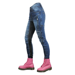 Detail view of women's motorcycle jeans with mesh panels and accordion stretch knees