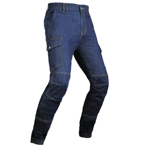 Men's dark blue motorcycle riding jeans with protective knee pads and cargo pockets