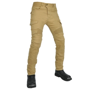 Detail of khaki motorcycle riding pants with accordion stretch panels and cargo pockets