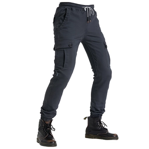 Men's charcoal cargo motorcycle pants with multi-pockets and drawstring cuffs for biking