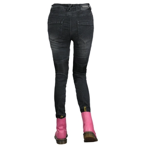 Vue arrière du jean moto coupe slim avec coutures plissées et denim gris foncé robuste