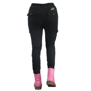 Damen Motorradhose in Schwarz, schmal geschnitten mit Cargotaschen und gelbem Etikett