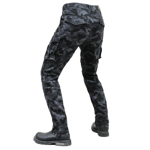 Men's tactical camo motorcycle pants with cargo pockets shown from a side-rear view
