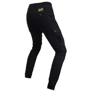 Slim-fit black motorcycle cargo pants with multi-pockets and protective gear features