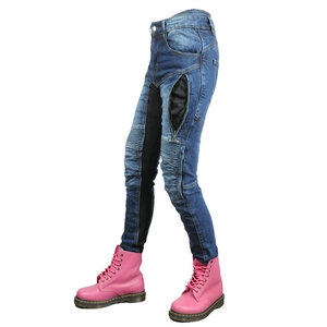 Detail of blue high-waisted motorcycle jeans with mesh panels and accordian stretch knees