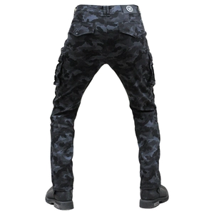 Men's dark camo motorcycle cargo pants with protective padding and multi-pocket back view