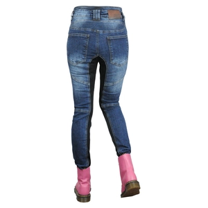 Detail view of motorcycle jeans with mesh panels, rear pockets and protective knee pleats