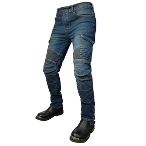 Detail of motorcycle riding jeans featuring elasticated accordion panels and knee protector slots