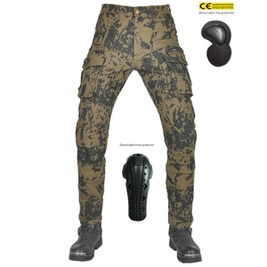 Detail showing detachable CE certified knee and hip protectors for motorcycle cargo pants
