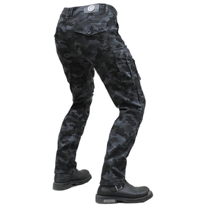 Detail of cargo motorcycle jeans featuring camo pattern and large side flap pockets
