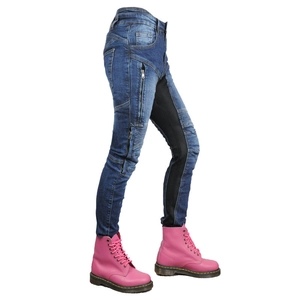 Detail of motorcycle jeans featuring mesh panels and accordion stretch knees with pink boots