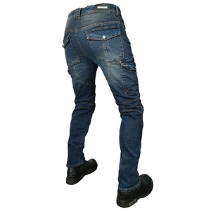 Rear view of dark blue motorcycle jeans with elastic accordion panels and cargo pockets