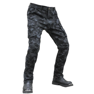 Detail view of camouflage motorcycle cargo pants featuring side pockets and a slim fit cut