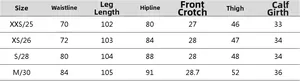 Detailed size chart for summer motorcycle riding jeans including waist and hip measurements