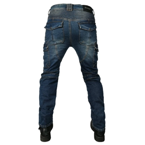 Detail of blue biker jeans featuring reinforced stretch panels and utility cargo pockets