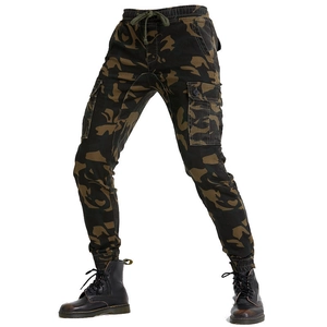 Detail of camouflage motorcycle cargo pants with joggers cuffs and side flap pockets
