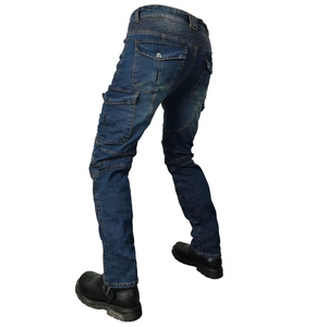 Detail view of motorcycle riding jeans with side cargo pockets and reinforced knee stitching