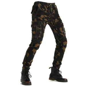 Men's camouflage biker cargo pants with protective gear and adjustable drawstring waist