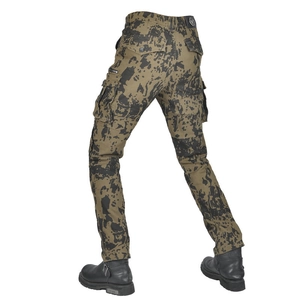Detail view of olive green camouflage motorcycle cargo pants with 3D side pockets and slim fit