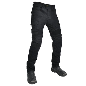 Detail of black motorcycle riding jeans with knee stretch panels and side cargo pockets