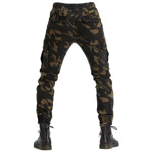 Men's camouflage motorcycle riding pants with cargo pockets and elastic tapered cuffs