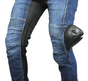 Detail of motorcycle jeans with mesh panels and removable CE knee protection