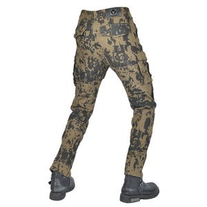 Rear view of camouflage motorcycle cargo pants with multi-pockets and branded leather patch
