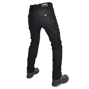 Detail of black motorcycle riding pants with elastic waist pleats and cargo pockets