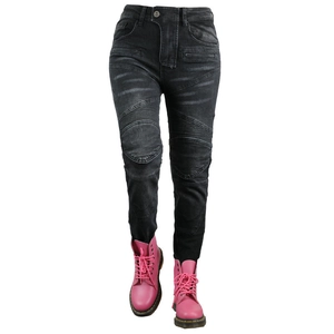 Detail of grey motorcycle riding pants with knee armor and pink patent leather boots