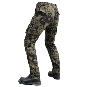 Detail of olive camouflage motorcycle cargo pants with side pockets and biker knee panels