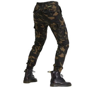 Dark camouflage motorcycle cargo pants with elastic waist and multi-pocket jogger design