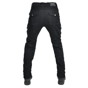 Rear view of black tactical motorcycle jeans showing stretch panels and cargo pockets