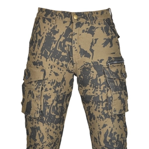 Detail of camouflage motorcycle jeans featuring heavy cotton fabric and metal zipper pockets