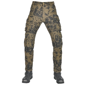 Detailed view of khaki cargo motorcycle pants with black camo print and multiple utility pockets