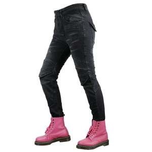 Detail of charcoal grey motorcycle jeans with flexible accordion panels and cargo pockets