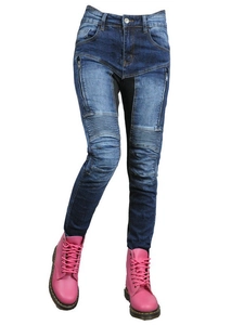 Women's mesh motorcycle jeans with knee pleats and breathable panels for summer