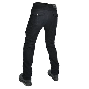 Detail view of black motorcycle riding jeans featuring flexible stretch panels and pockets