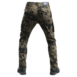 Rear view of tactical camouflage motorcycle cargo pants with protective padding pockets