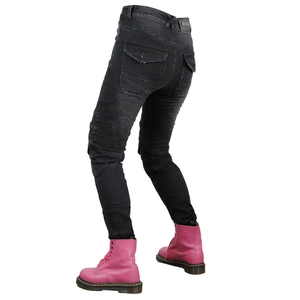 Women's slim fit motorcycle riding jeans with protective knee pleats in washed dark grey