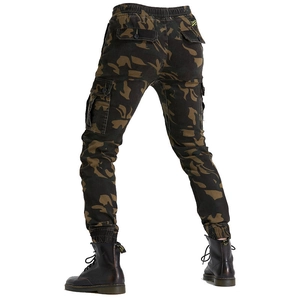 Rear view of camouflage biker cargo pants with elastic cuffs and pocket detail