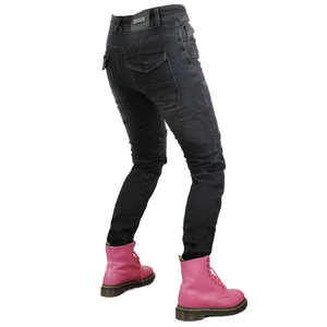 Heavyweight black motorcycle jeans for women with stretch panels and side cargo pockets