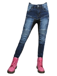 Women's summer mesh motorcycle jeans with protective knee panels and denim patchwork