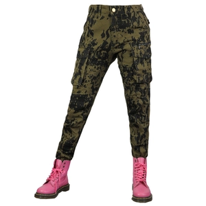 Women's motorcycle cargo pants with olive green camo print and protective pockets