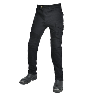 Detail of men's black motorcycle pants featuring protective knee pads and cargo pockets