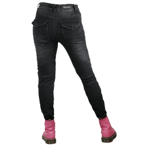 Women's black washed motorcycle jeans with back cargo pockets and protective gear
