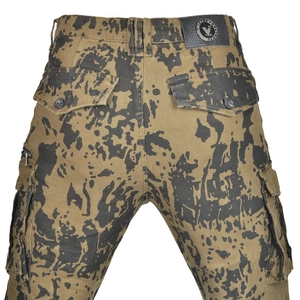 Rear view of camo cargo motorcycle pants featuring leather brand patch and zip pockets