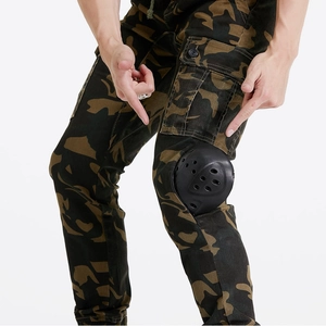 Camo motorcycle cargo pants with integrated knee protection armor and side pockets