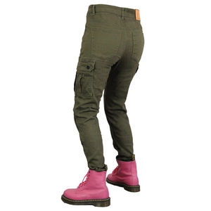 Slim fit military green women's motorcycle cargo pants with side pockets and back view
