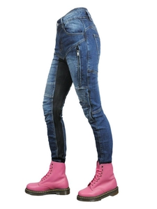 Women's summer mesh motorcycle jeans with breathable panels and protective knee pleats