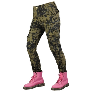 Women's camouflage motorcycle cargo pants with multi-pockets and protective padding